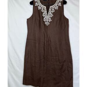 Talbots Womens 12 Brown 100% Linen Knee Length Beaded Neckline Summer Dress